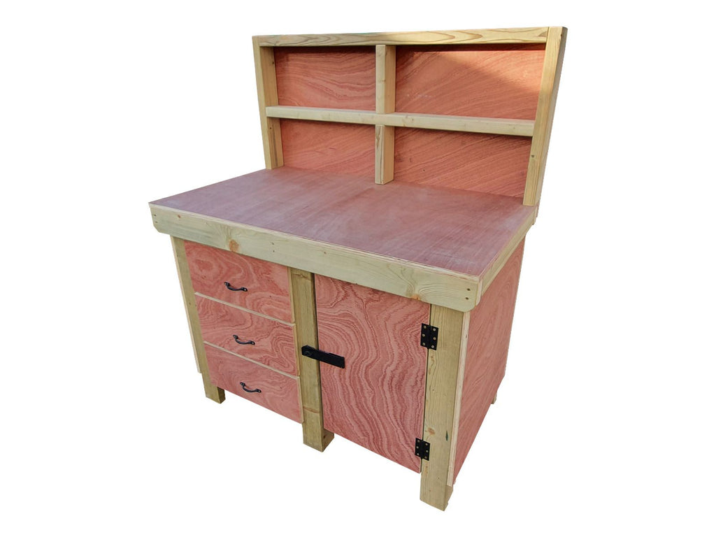 Wooden Eucalyptus hardwood top workbench, cabinet with lockable cupboard (V.3) with back