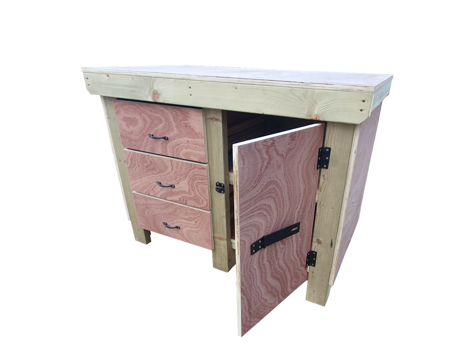 Wooden Eucalyptus hardwood top workbench, cabinet with lockable cupboard (V.3) double shelf