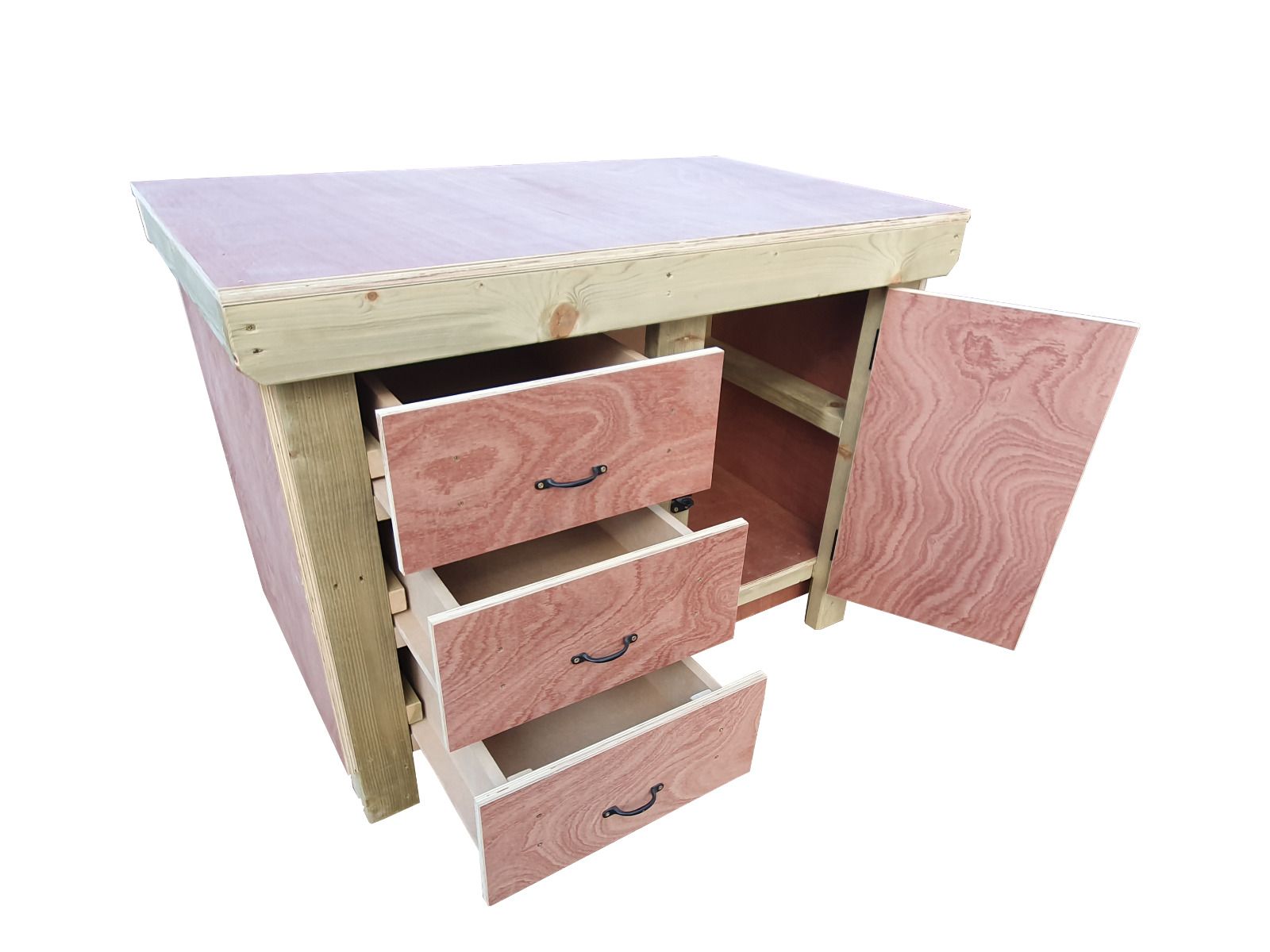 Wooden Eucalyptus hardwood top workbench, cabinet with lockable cupboard (V.3)