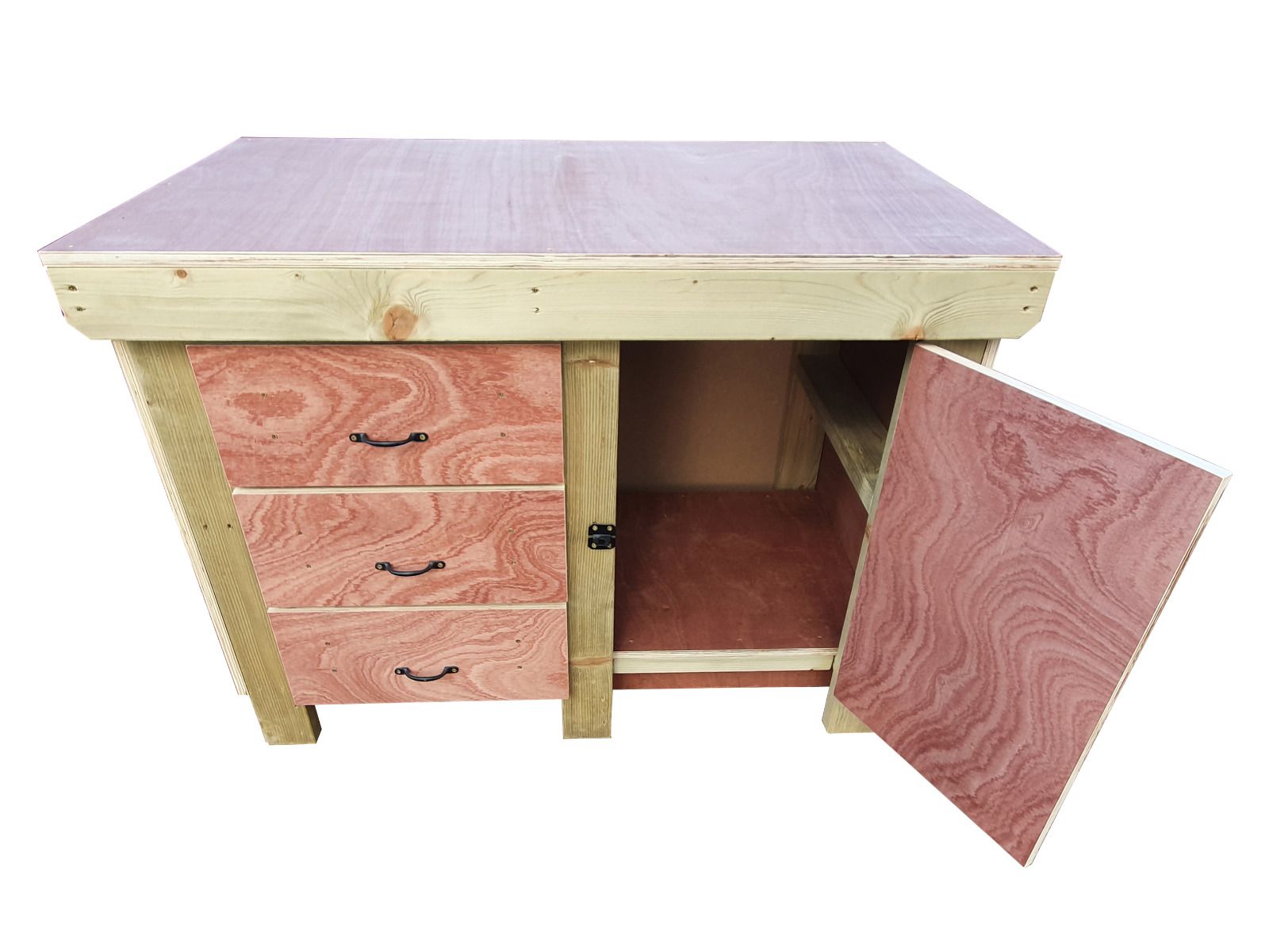 Wooden Eucalyptus hardwood top workbench, cabinet with lockable cupboard (V.3)