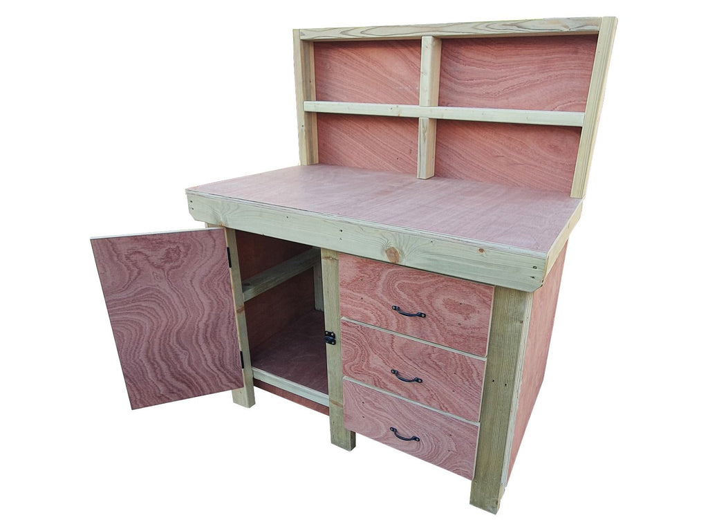 Wooden Eucalyptus hardwood top workbench, cabinet with lockable cupboard (V.3) with back