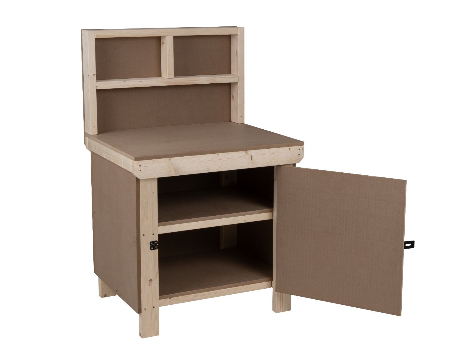 Wooden MDF Top Workbench With Lockable Cupboard (V.9) with back panel and double shelf
