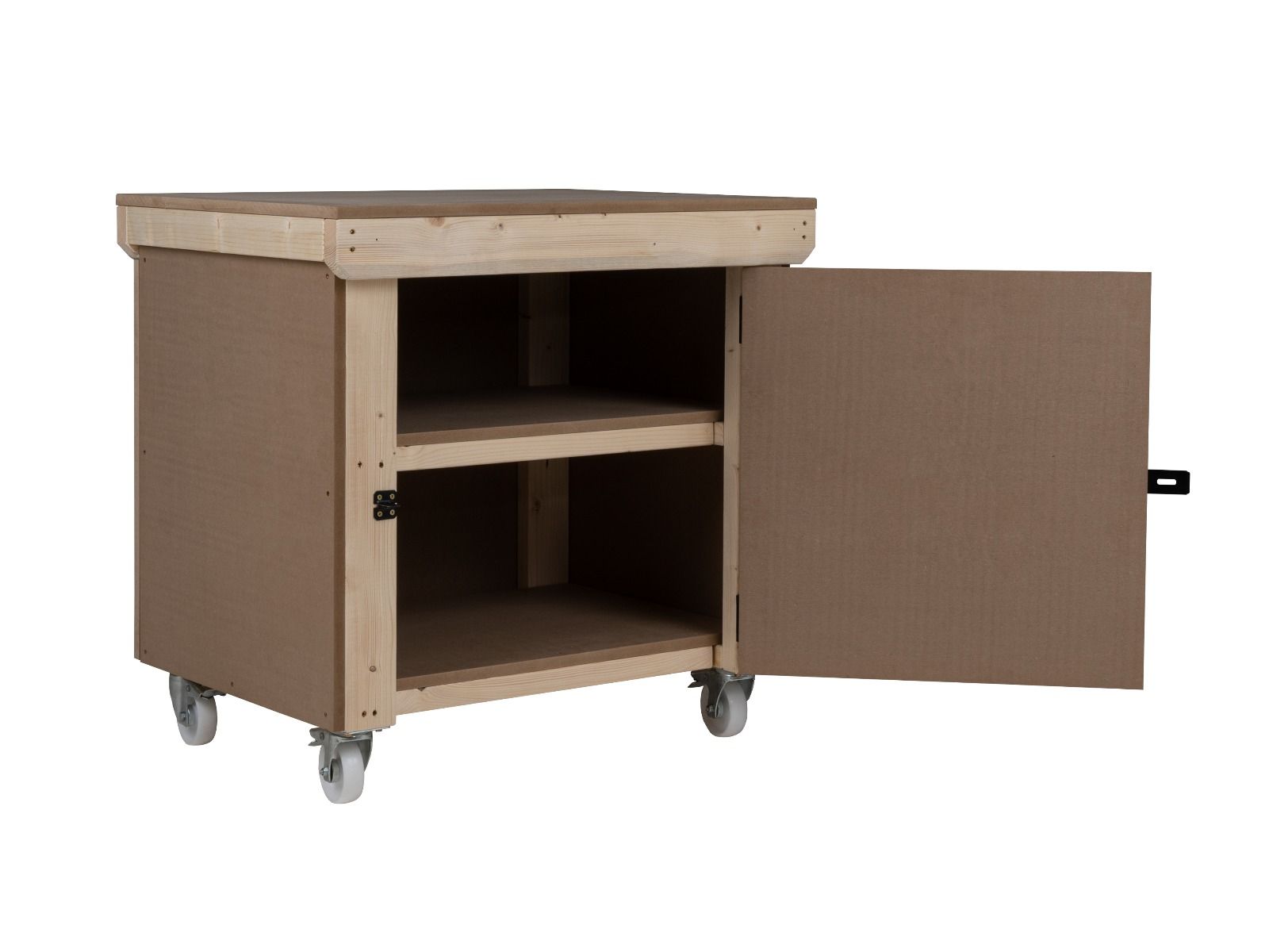 Wooden MDF Top Workbench With Lockable Cupboard (V.9) double shelf and wheels