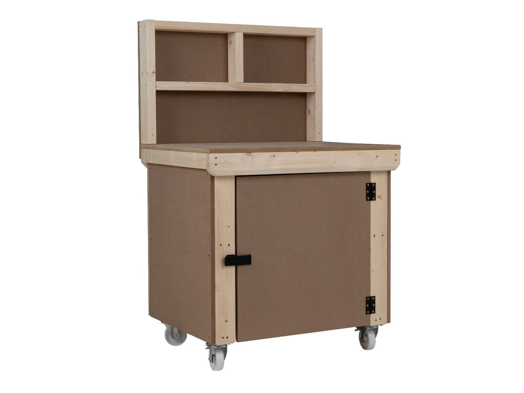 Wooden MDF Top Workbench With Lockable Cupboard (V.9) with back panel, double shelf and wheels