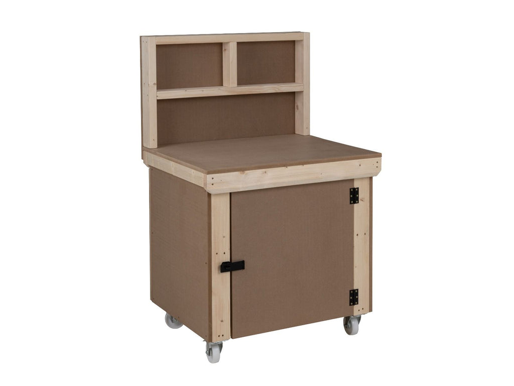 Wooden MDF Top Workbench With Lockable Cupboard (V.9) with back panel, double shelf and wheels