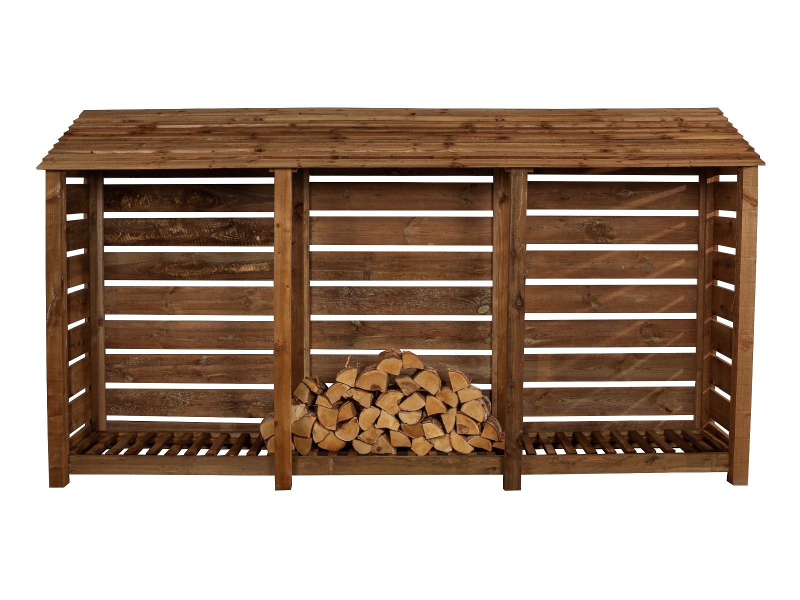 Slatted Wooden Log Store W-335cm, H-126cm or 180cm, D-88cm - Brown Finish