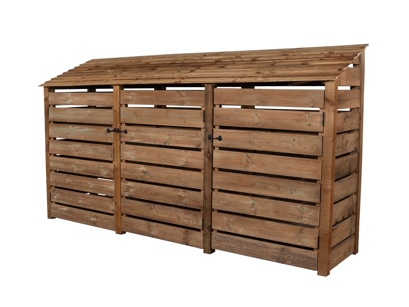 Slatted Wooden Log Store with Doors W-335cm, H-126cm or 180cm, D-88cm - Brown Finish