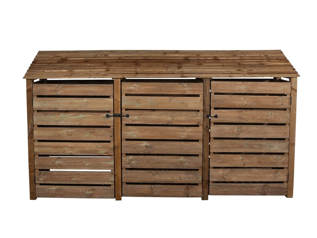 Slatted Wooden Log Store with Doors and Shelf W-335cm, H-126cm or 180cm, D-88cm - Brown Finish