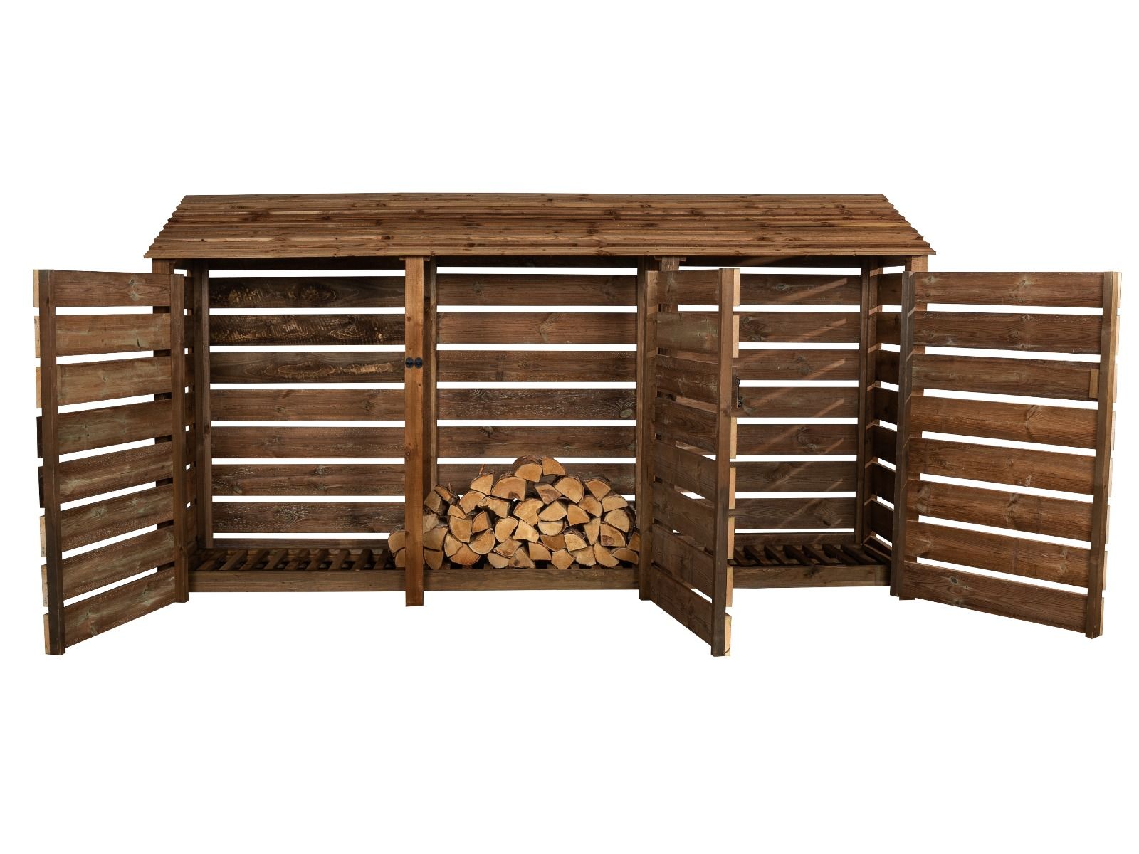 Slatted Wooden Log Store with Doors W-335cm, H-126cm or 180cm, D-88cm - Brown Finish