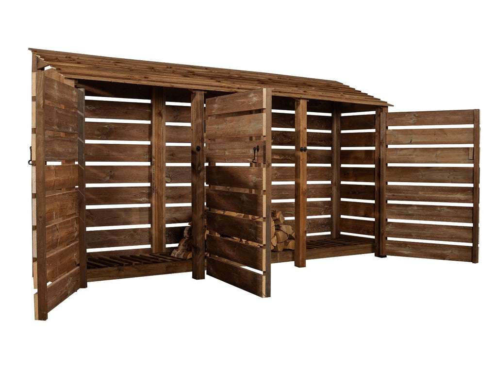 Slatted Wooden Log Store with Doors W-335cm, H-126cm or 180cm, D-88cm - Brown Finish