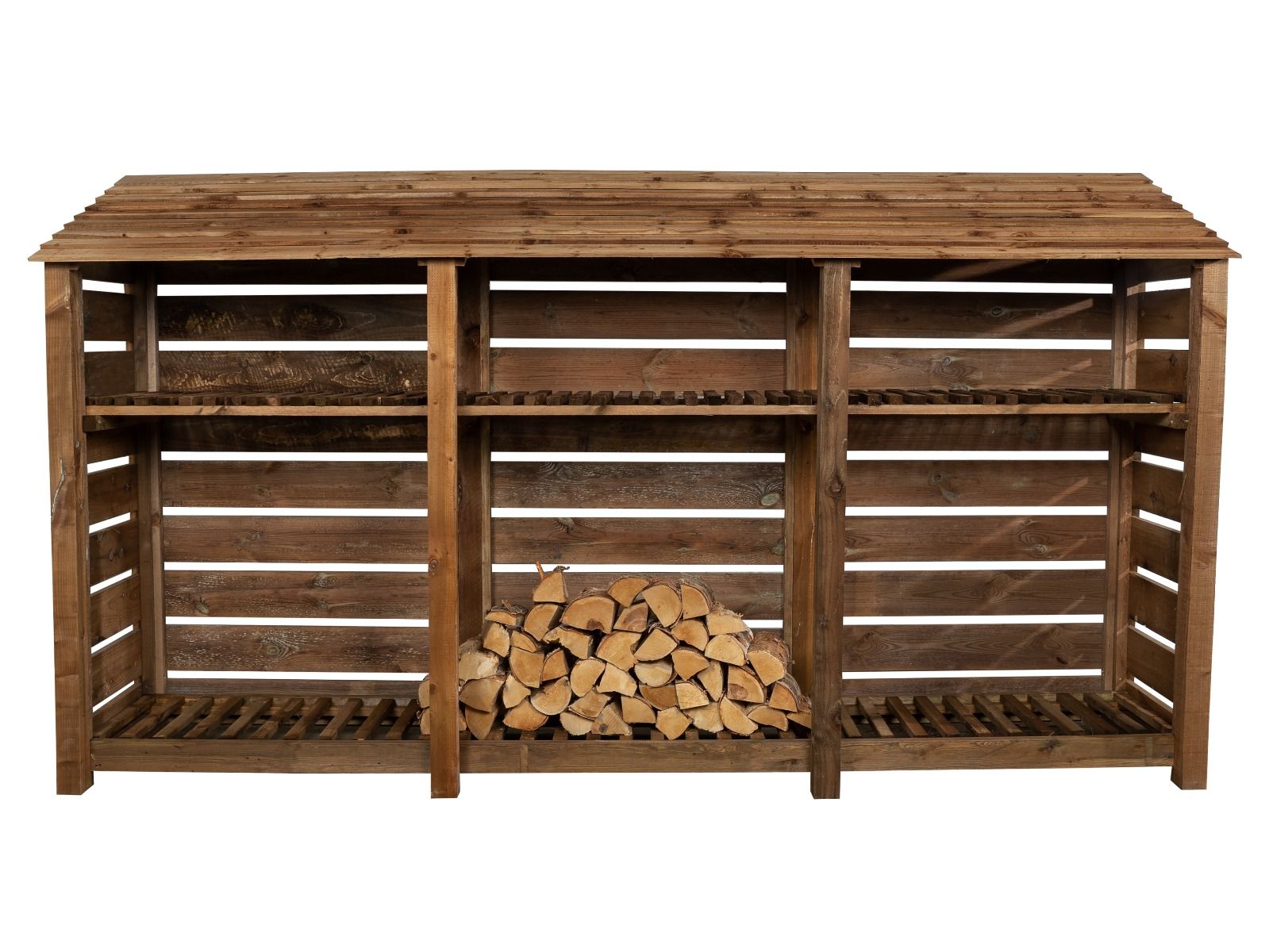 Slatted Wooden Log Store with Shelf W-335cm, H-126cm or 180cm, D-88cm - Brown Finish