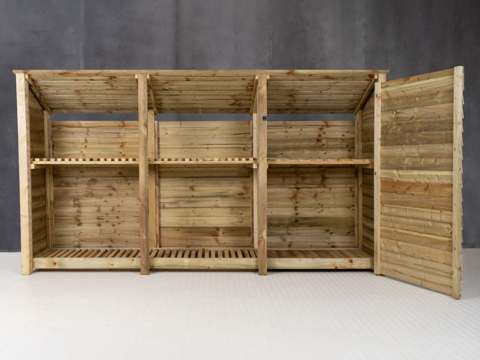 Wooden Garden Tool Storage (Roof Sloping Back) with Shelf W-335cm, H-126cm or 180cm, D-88cm