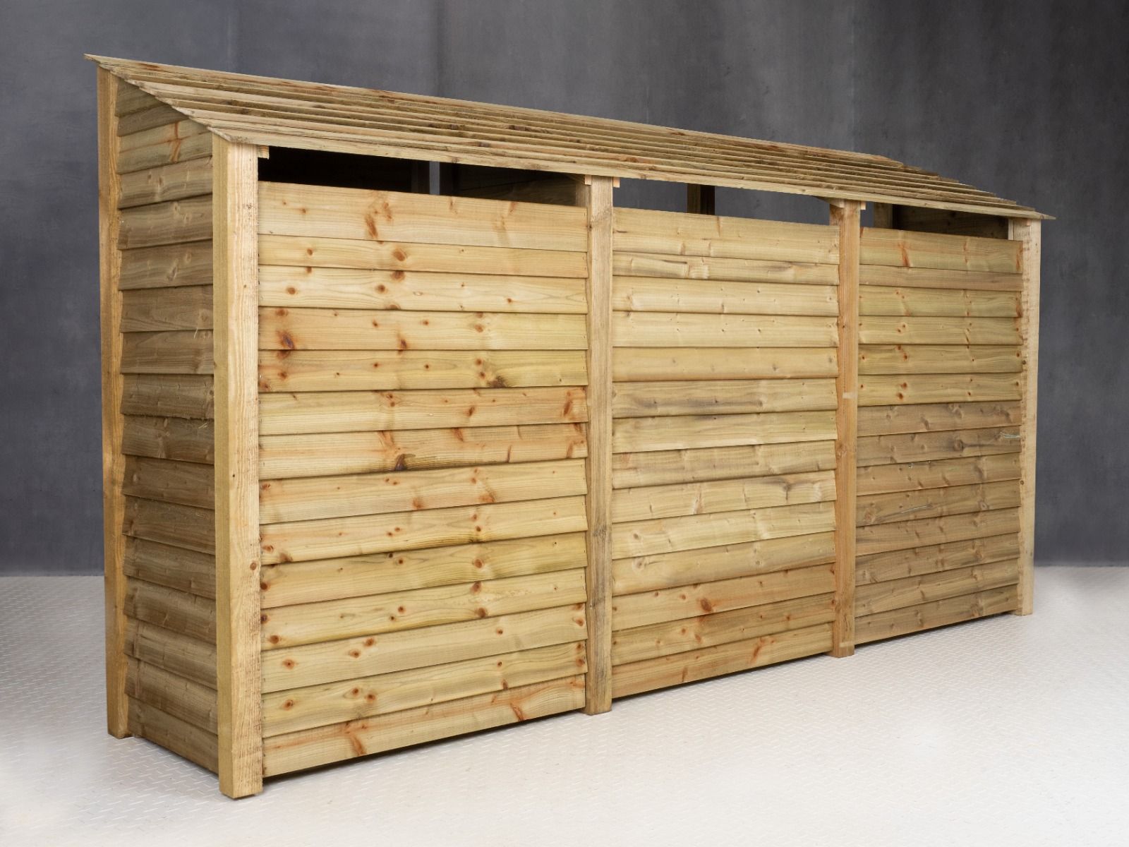 Wooden Garden Tool Storage (Roof Sloping Back) with Shelf W-335cm, H-126cm or 180cm, D-88cm
