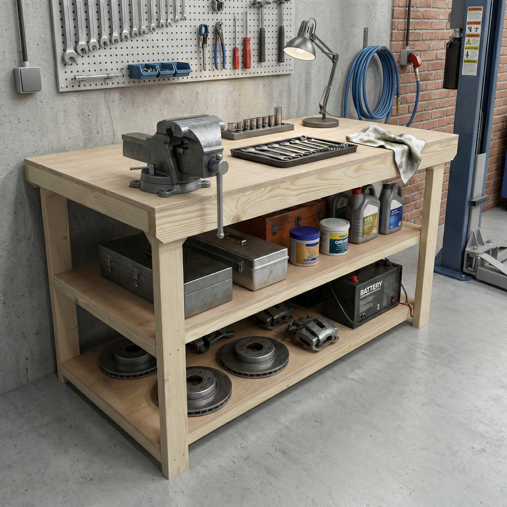 Wooden Workbench Eucalyptus Hardwood Top Depth-3ft with Double Shelf