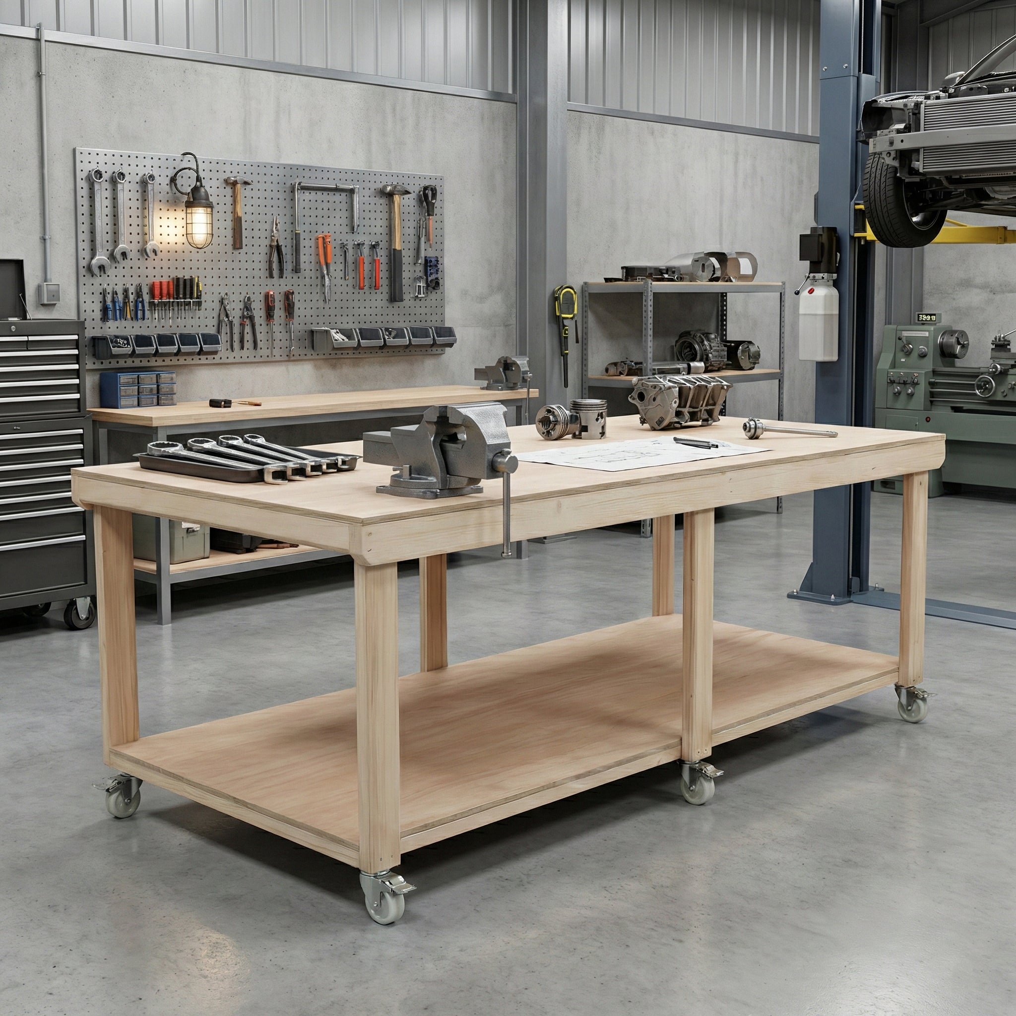 Wooden Workbench Eucalyptus Hardwood Top Depth-4ft with Wheels
