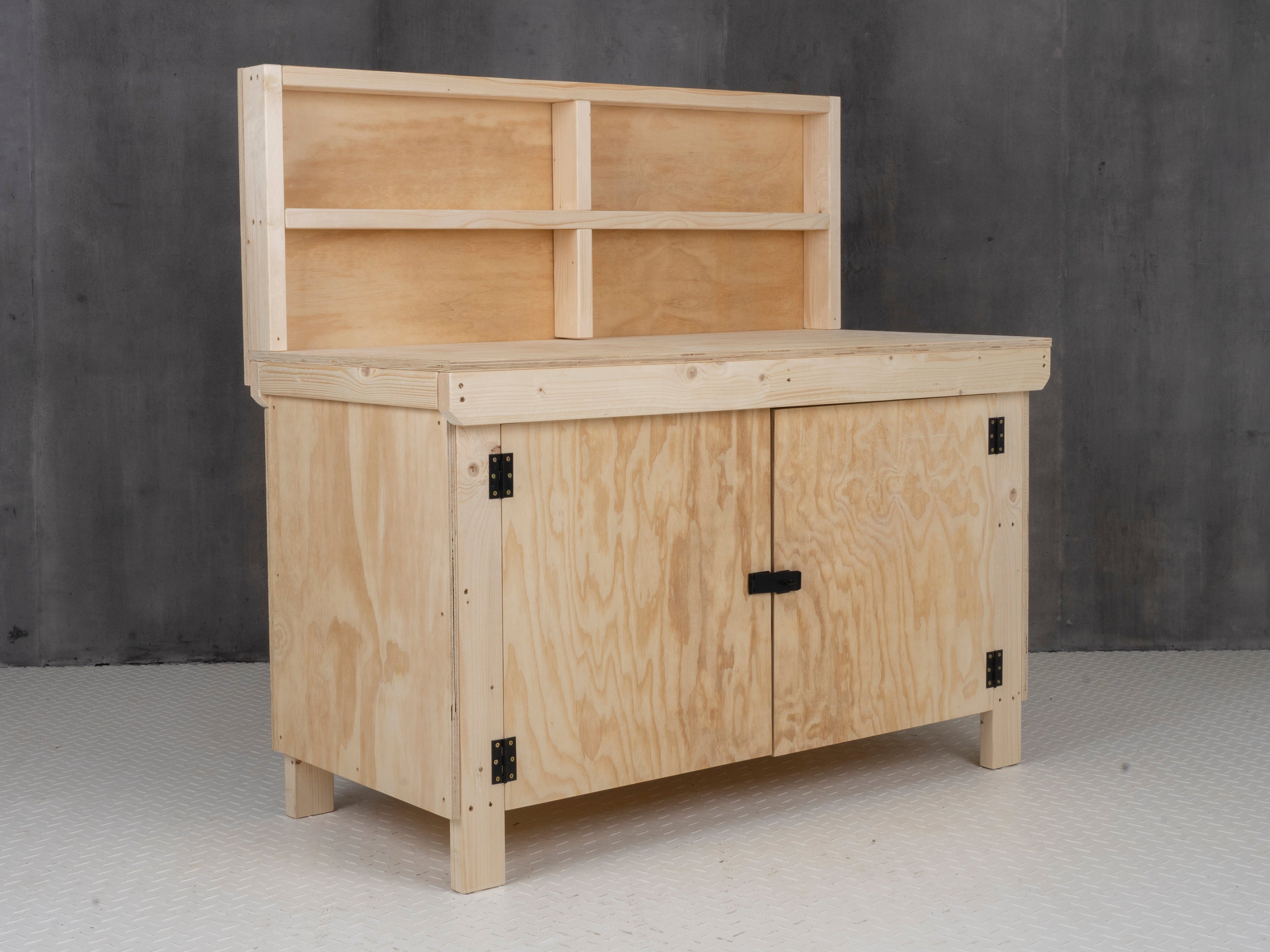 Wooden Plywood Top Workbench With Lockable Cupboard (V.9) With back panel, Double Shelf