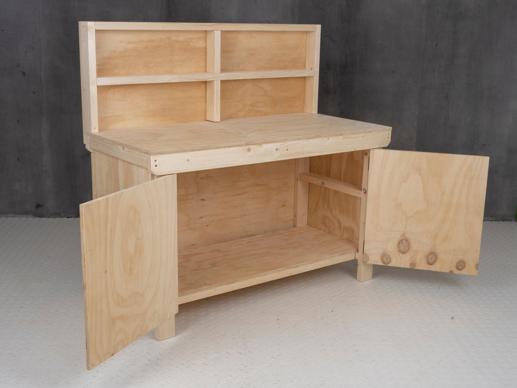 Wooden Plywood Top Workbench With Lockable Cupboard (V.9) With back panel
