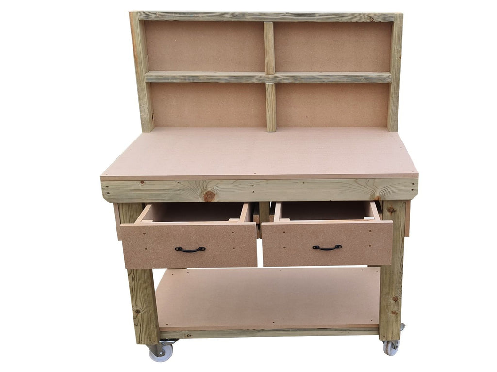Wooden MDF  workbench, tool cabinet with drawer (V.1) with back and wheels