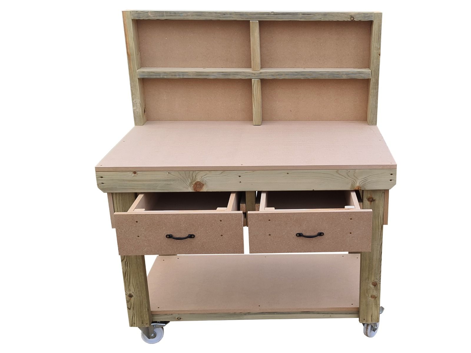 Wooden MDF  workbench, tool cabinet with drawer (V.1) with back and wheels
