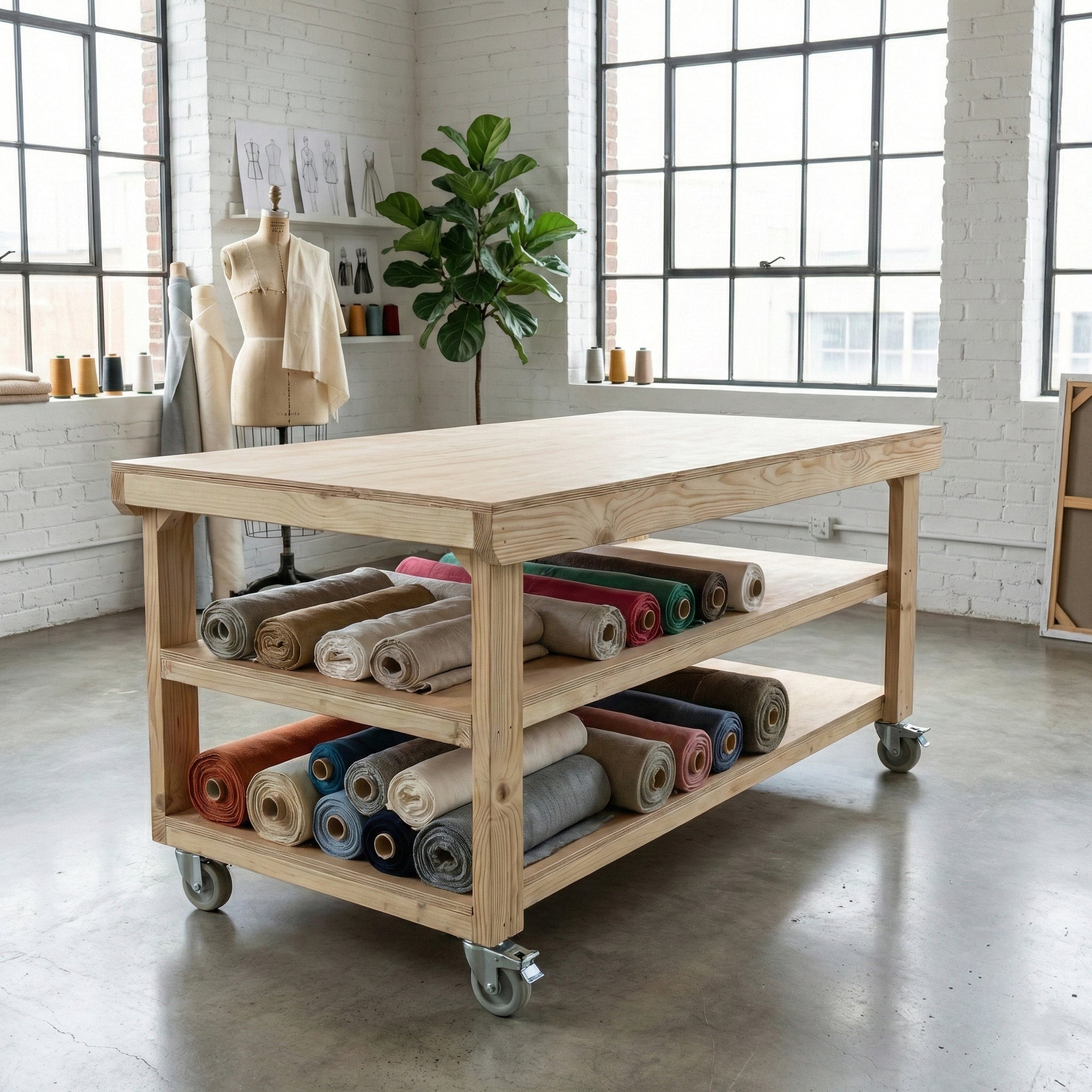 Wooden Workbench Eucalyptus Hardwood Top Depth-4ft Double Shelf and Wheels