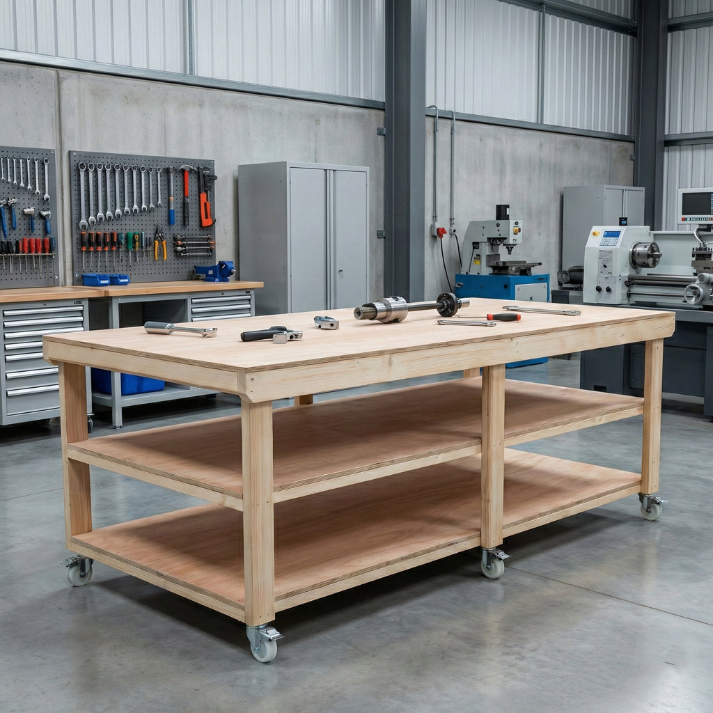 Wooden Workbench Eucalyptus Hardwood Top Depth-4ft Double Shelf and Wheels