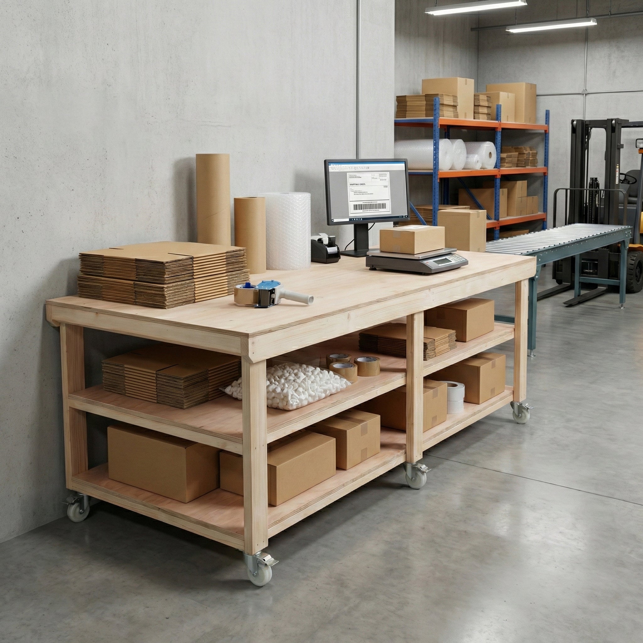 Wooden Workbench Eucalyptus Hardwood Top Depth-4ft Double Shelf and Wheels