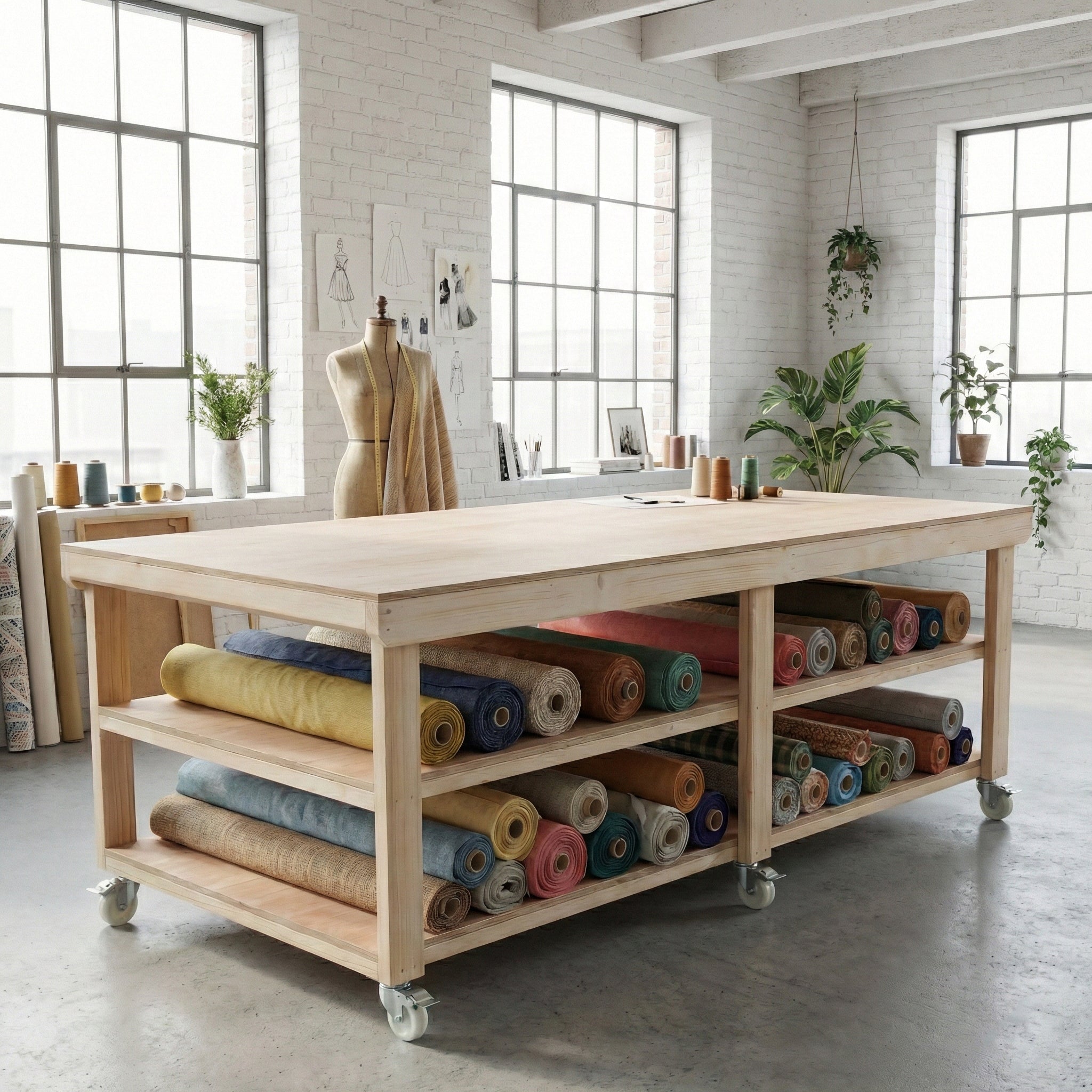 Wooden Workbench Eucalyptus Hardwood Top Depth-4ft Double Shelf and Wheels