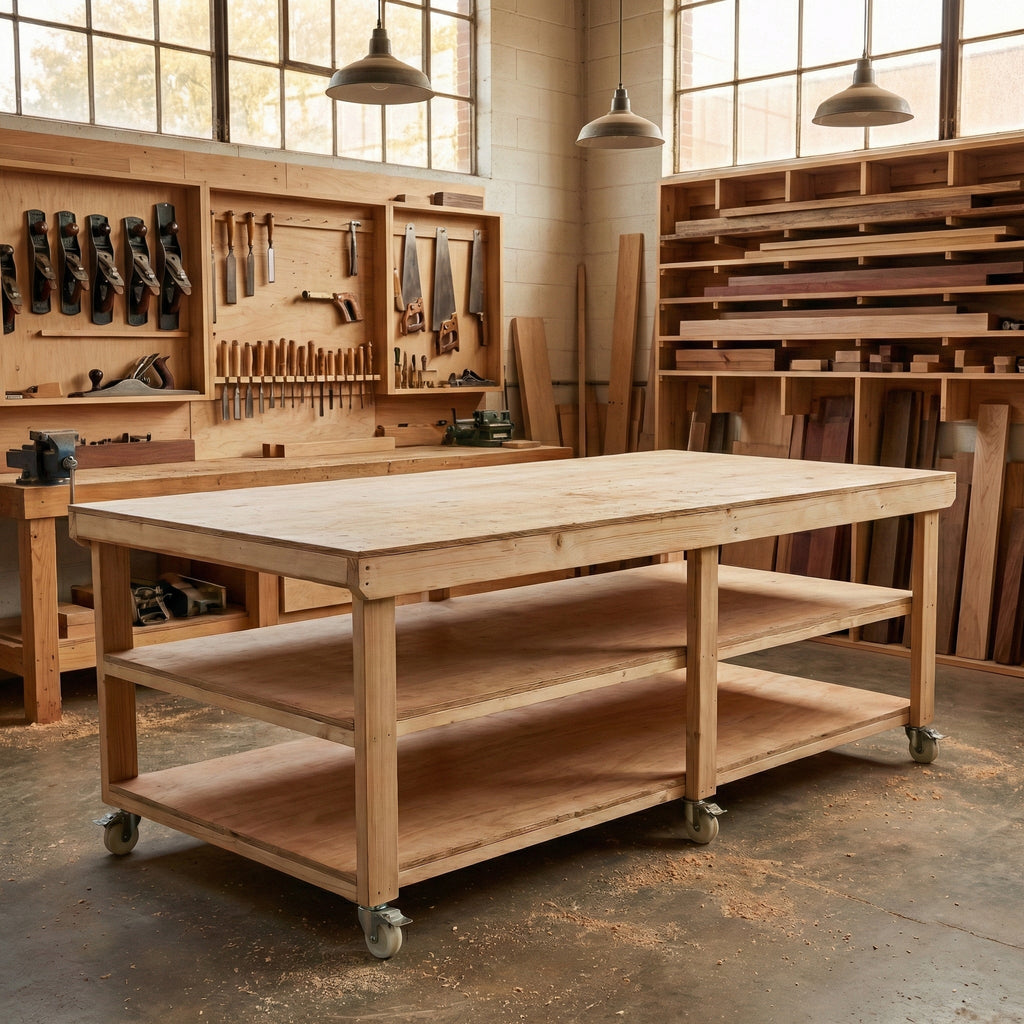 Wooden Workbench Eucalyptus Hardwood Top Depth-4ft Double Shelf and Wheels