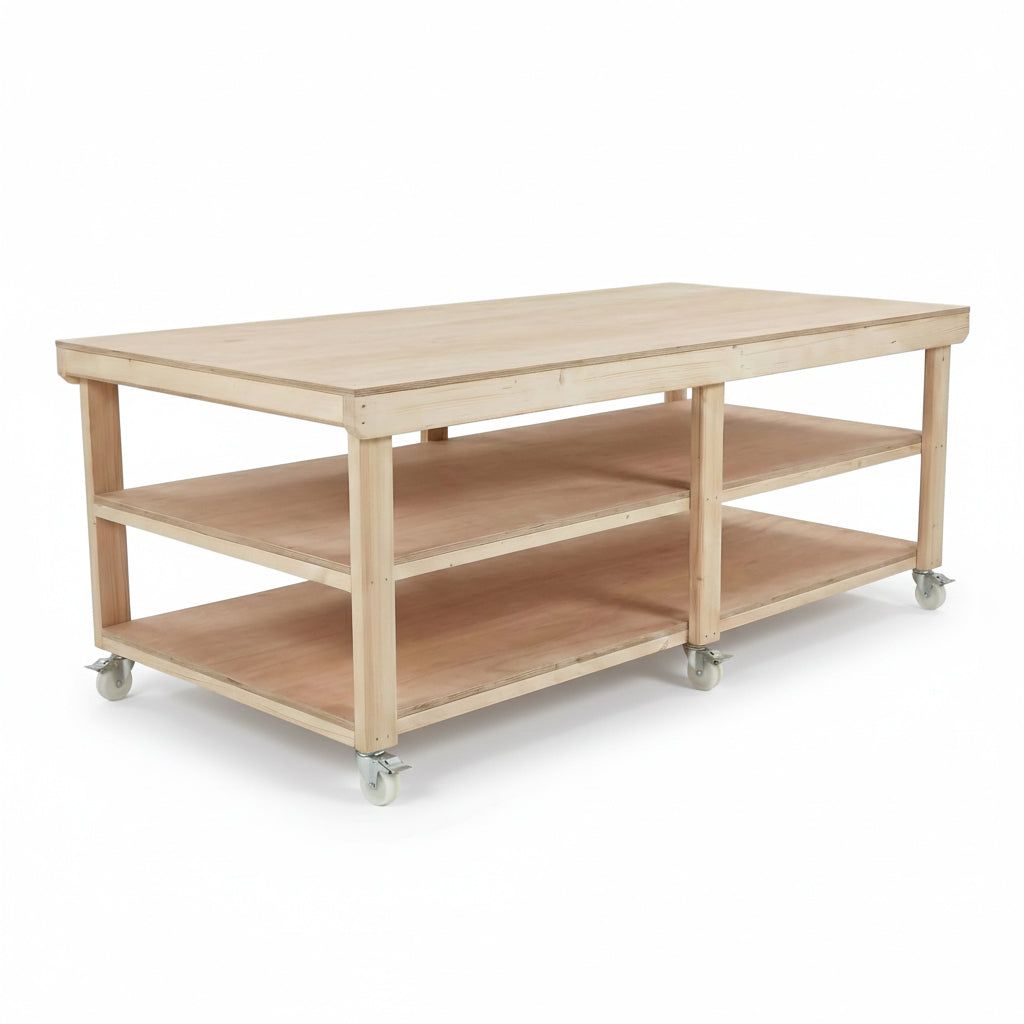 Wooden Workbench Eucalyptus Hardwood Top Depth-4ft Double Shelf and Wheels