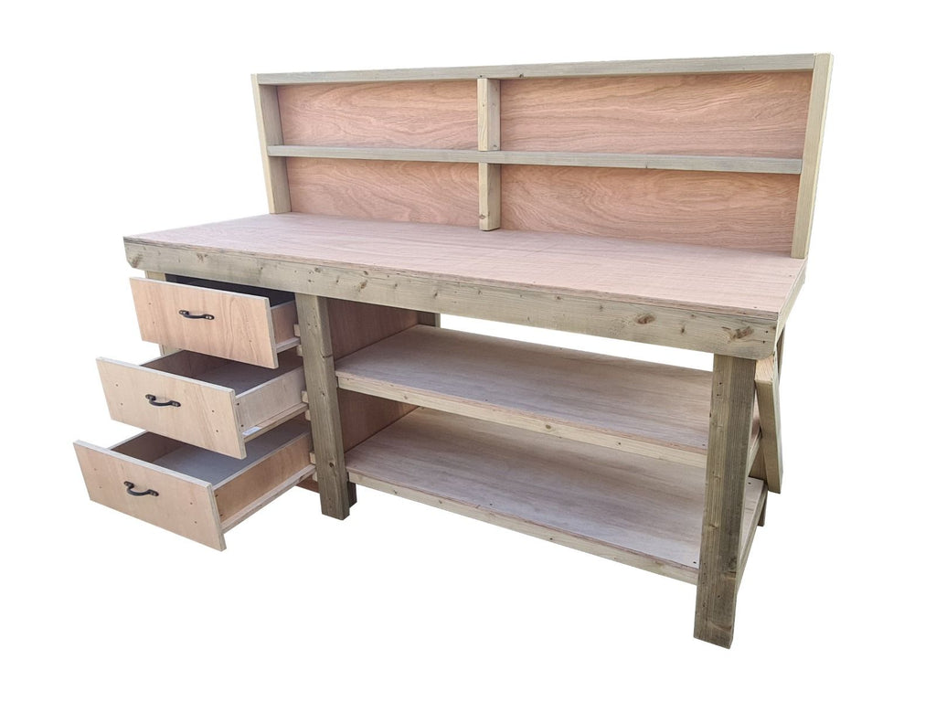 Wooden Eucalyptus top tool cabinet workbench with storage shelf (V.7) with back panel and double shelf