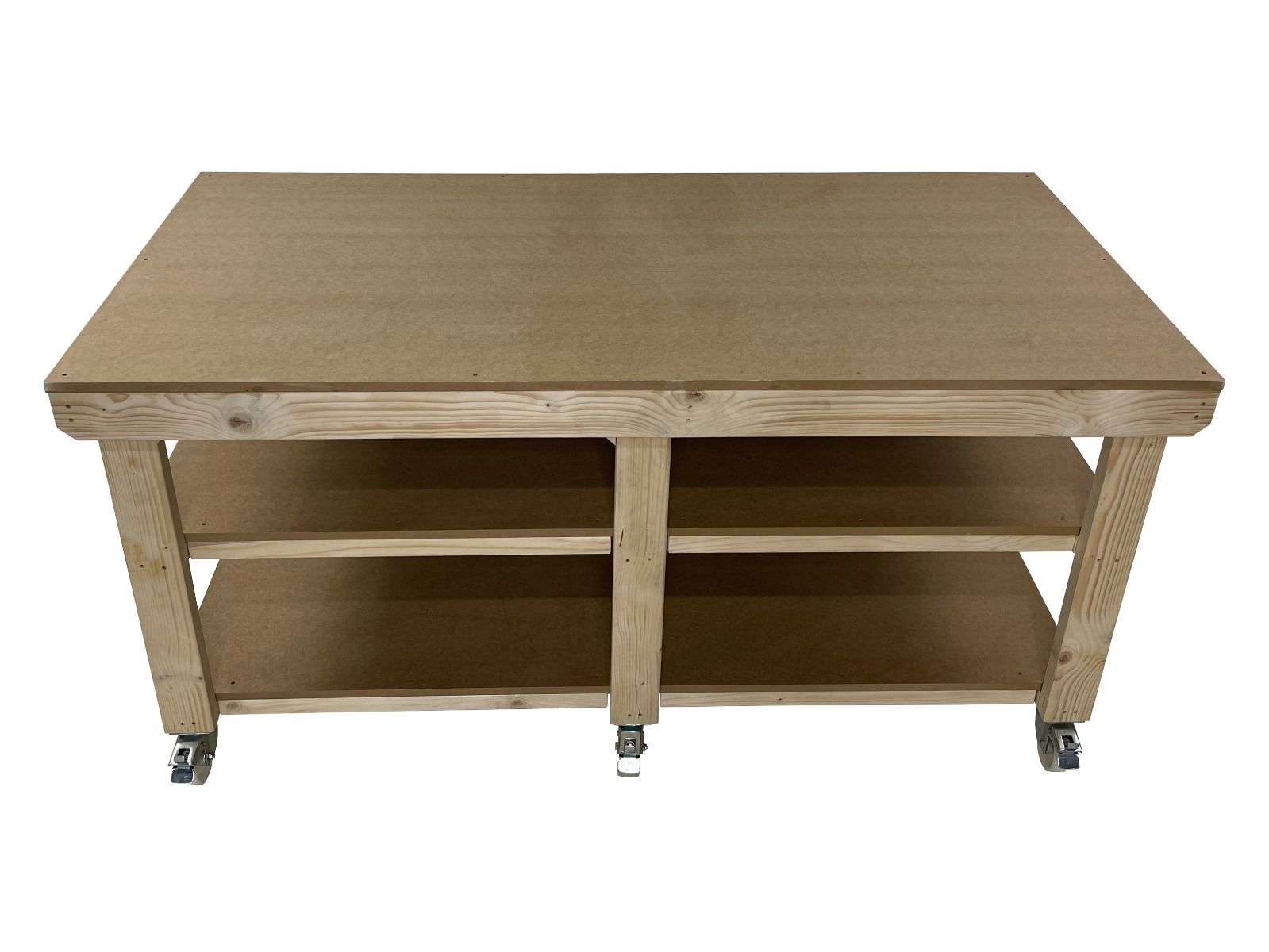 Wooden Workbench MDF Top Depth-4ft With Wheels and Double Shelf
