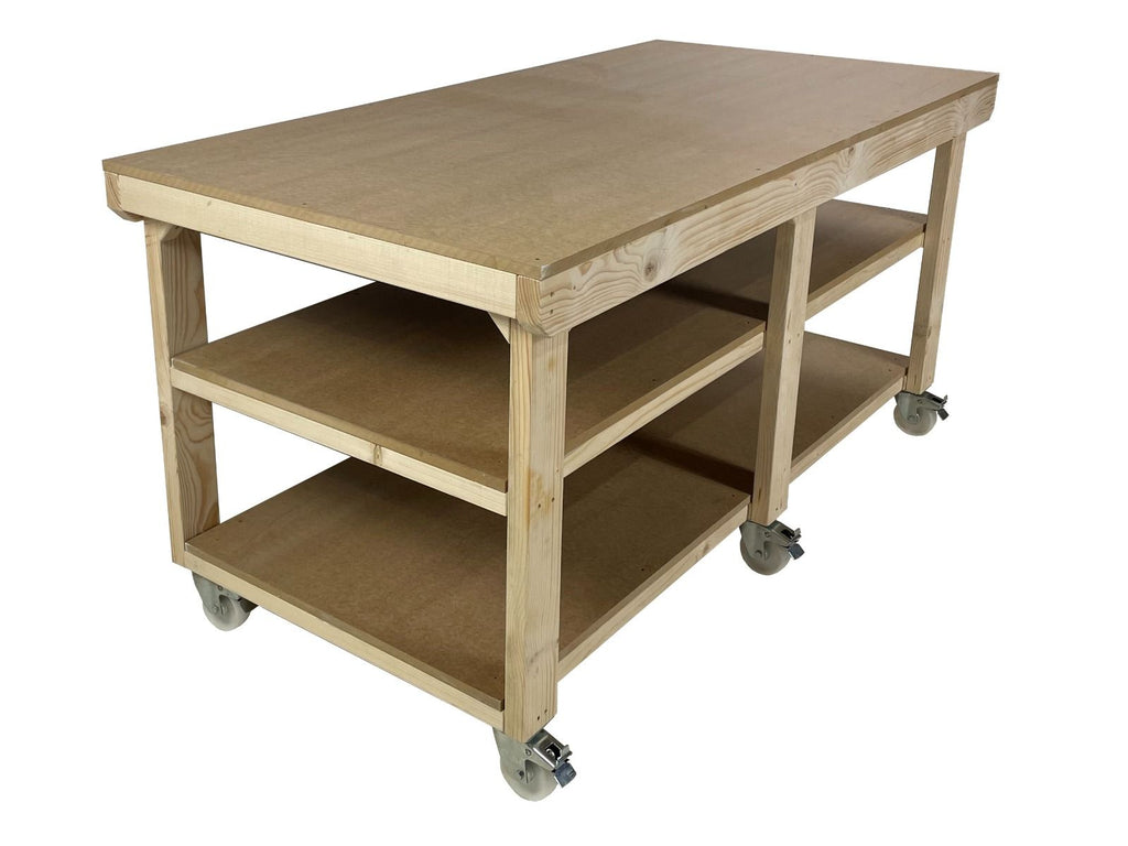 Wooden Workbench MDF Top Depth-4ft With Wheels and Double Shelf