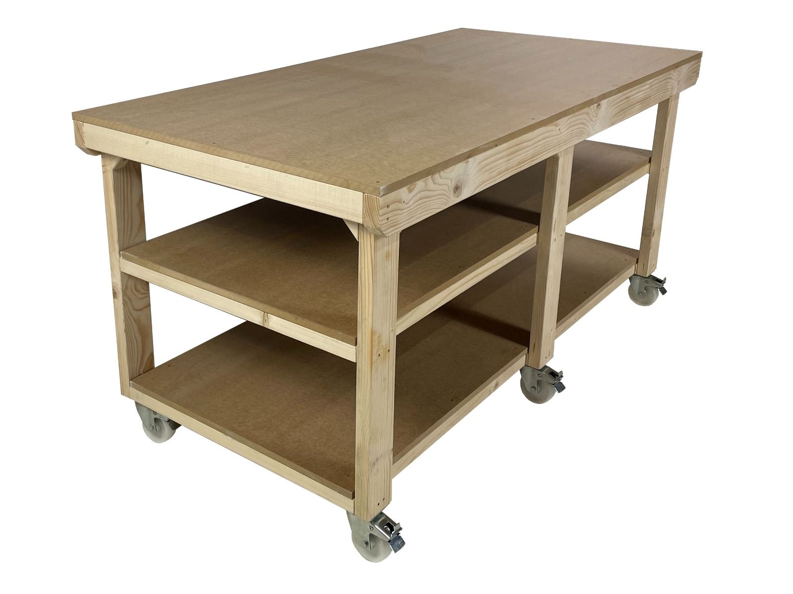 Wooden Workbench MDF Top Depth-4ft With Wheels and Double Shelf
