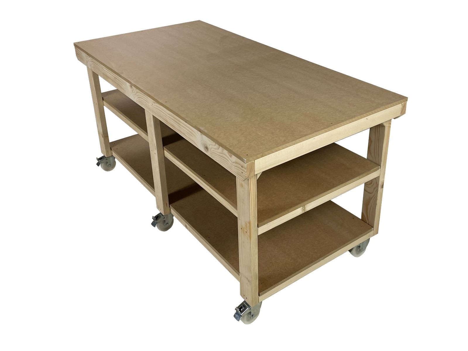 Wooden Workbench MDF Top Depth-3ft With Wheels and Double Shelf