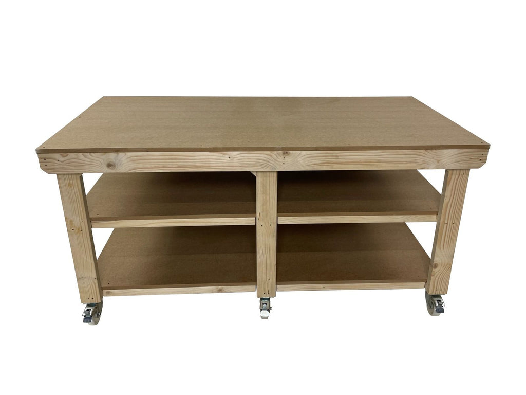 Wooden Workbench MDF Top Depth-4ft With Wheels and Double Shelf