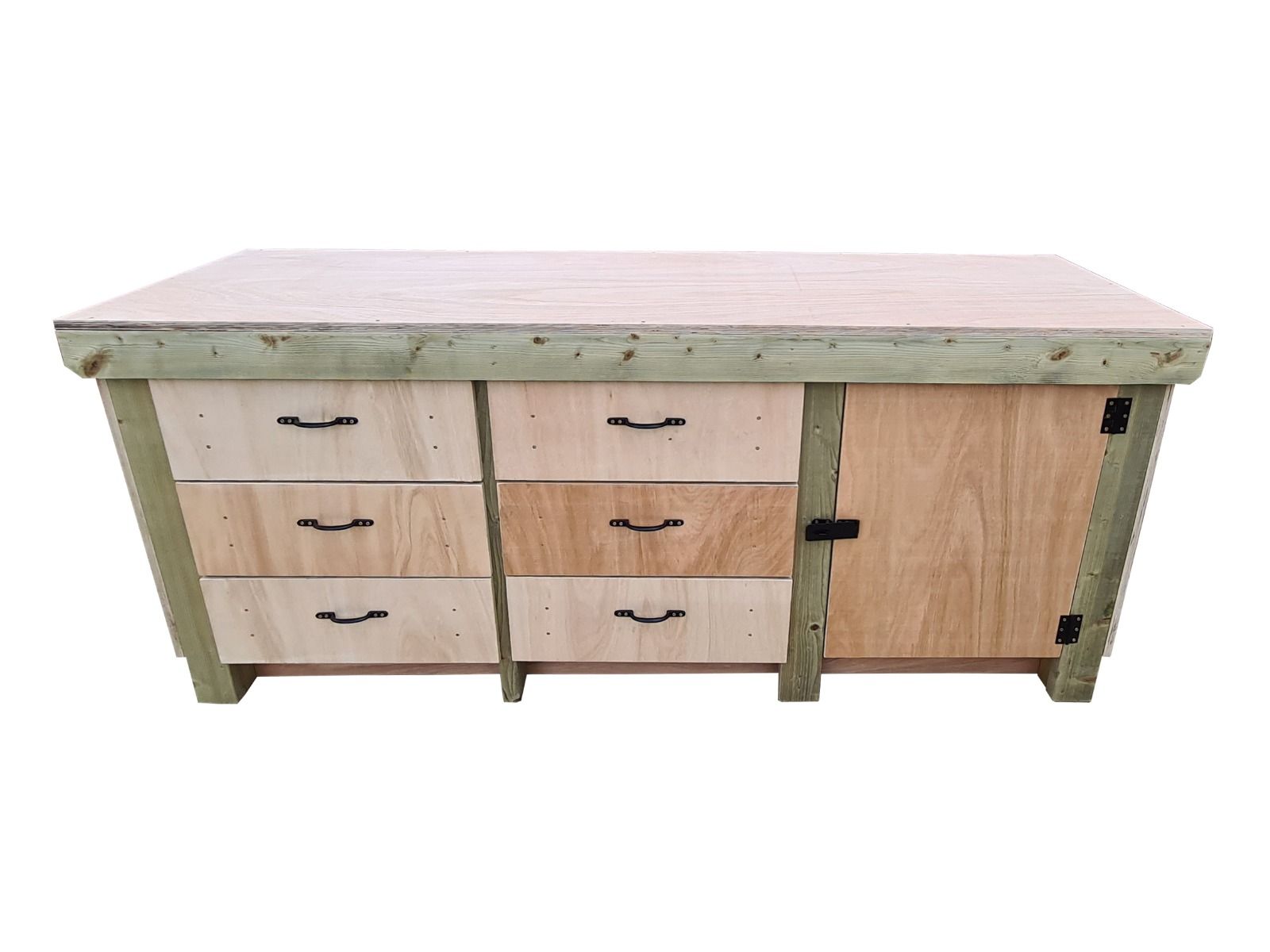 Wooden Eucalyptus hardwood top workbench, cabinet with lockable cupboard (V.3)