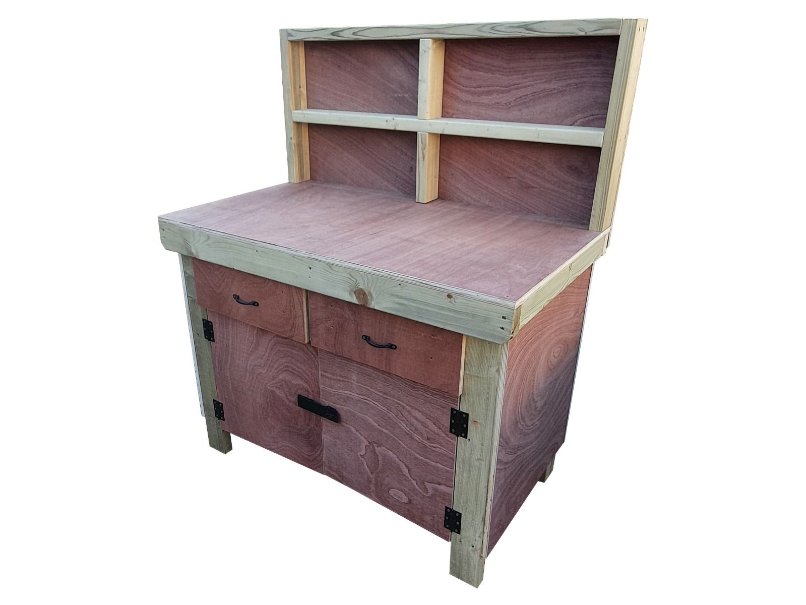 Wooden Eucalyptus hardwood top storage workbench with lockable cupboard and drawers (V.4) with back