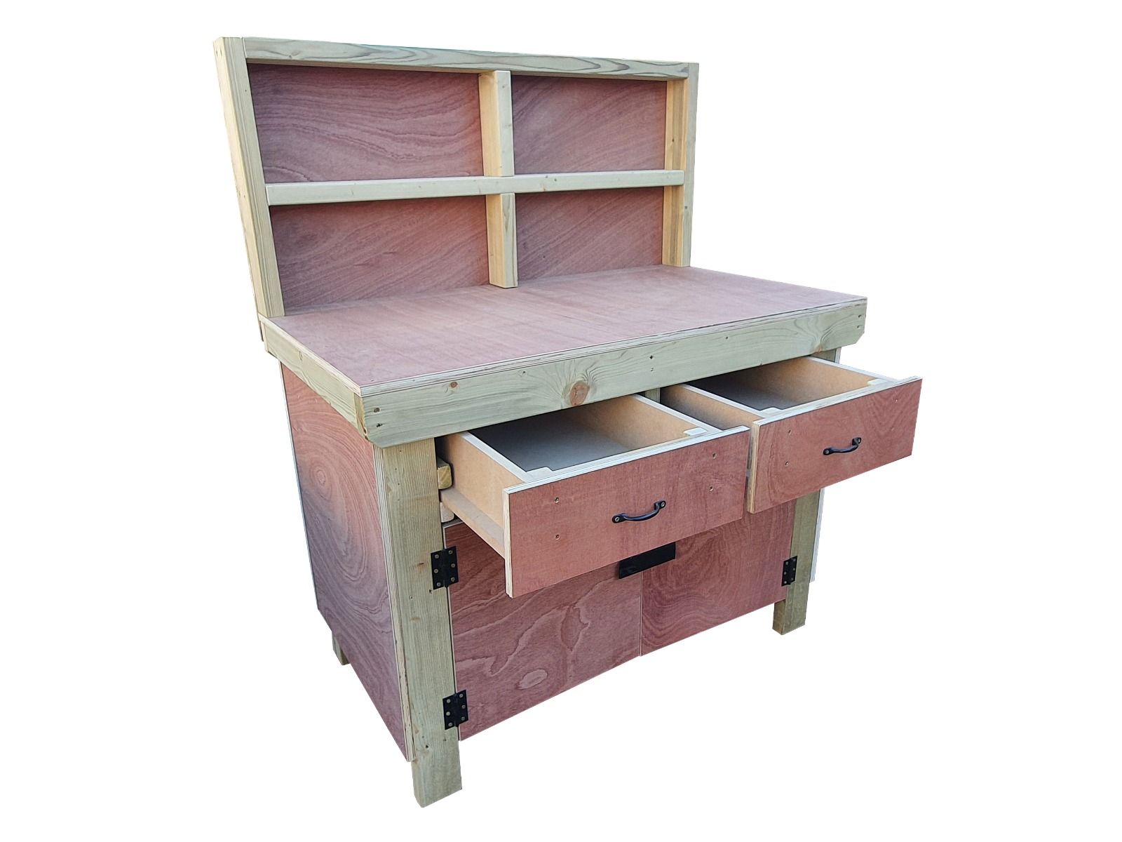 Wooden Eucalyptus hardwood top storage workbench with lockable cupboard and drawers (V.4) with back
