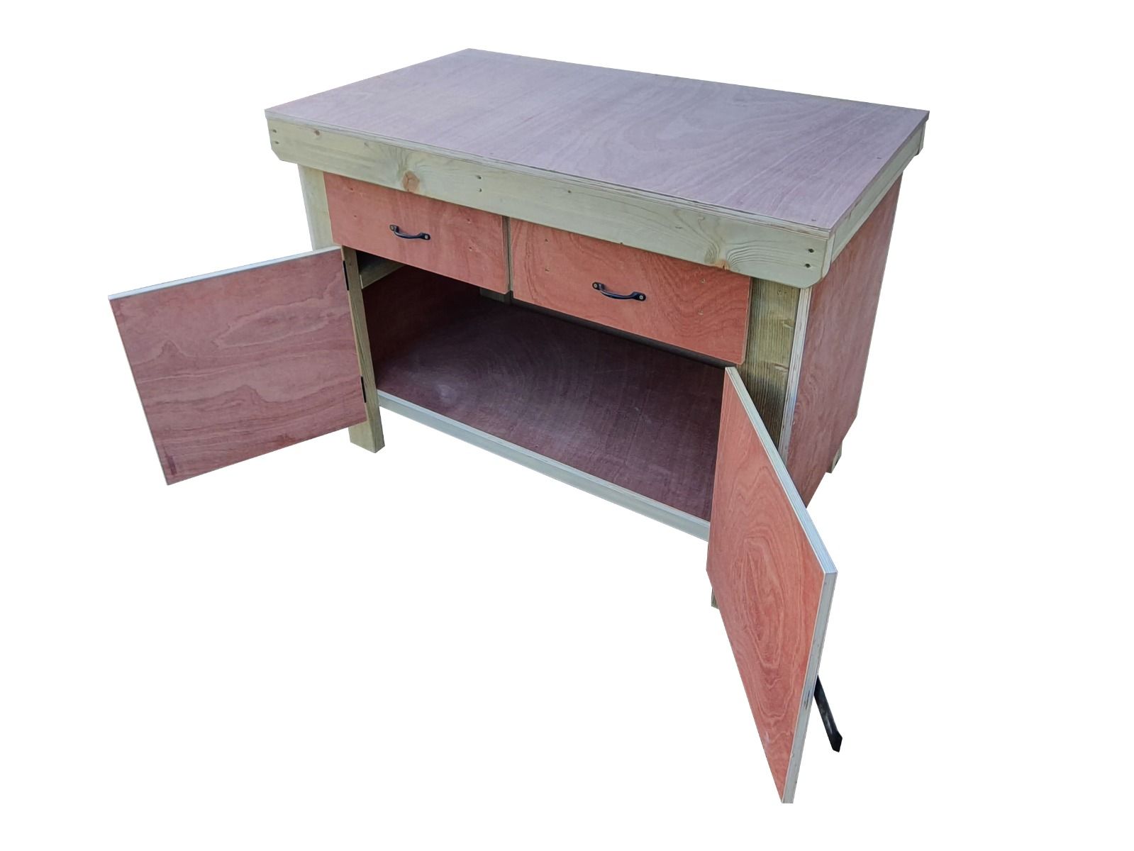 Wooden Eucalyptus hardwood top storage workbench with lockable cupboard and drawers (V.4)