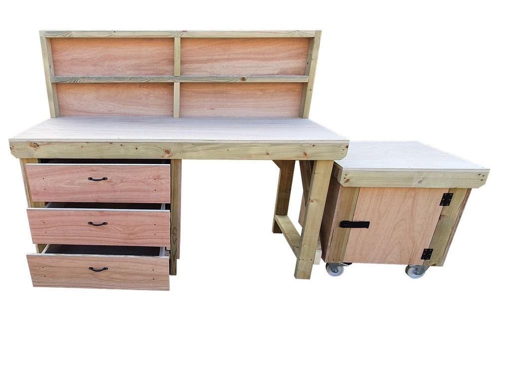Wooden Eucalyptus hardwood top workbench with drawers and functional lockable cupboard (V.6) with back