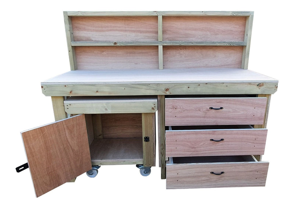 Wooden Eucalyptus hardwood top workbench with drawers and functional lockable cupboard (V.6) with back