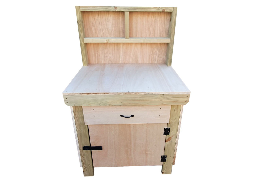 Wooden Eucalyptus hardwood top storage workbench with lockable cupboard and drawers (V.4) with back